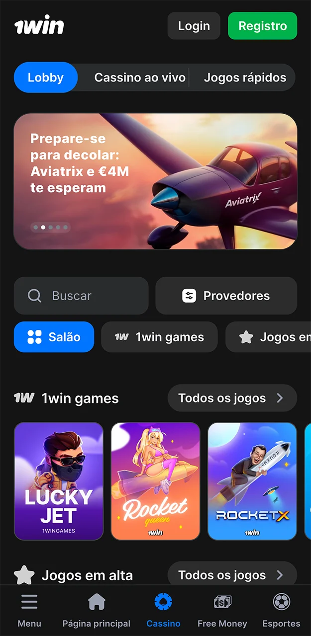 Casino ao vivo e slots na aplicação 1win.