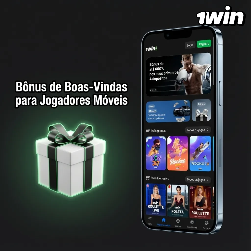 Smartphone exibindo bônus de boas-vindas de até 500% para novos jogadores em app de apostas e cassino