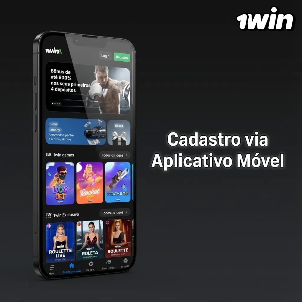 Tela de smartphone mostrando processo de cadastro em aplicativo móvel com opções de registro e autenticação biométrica