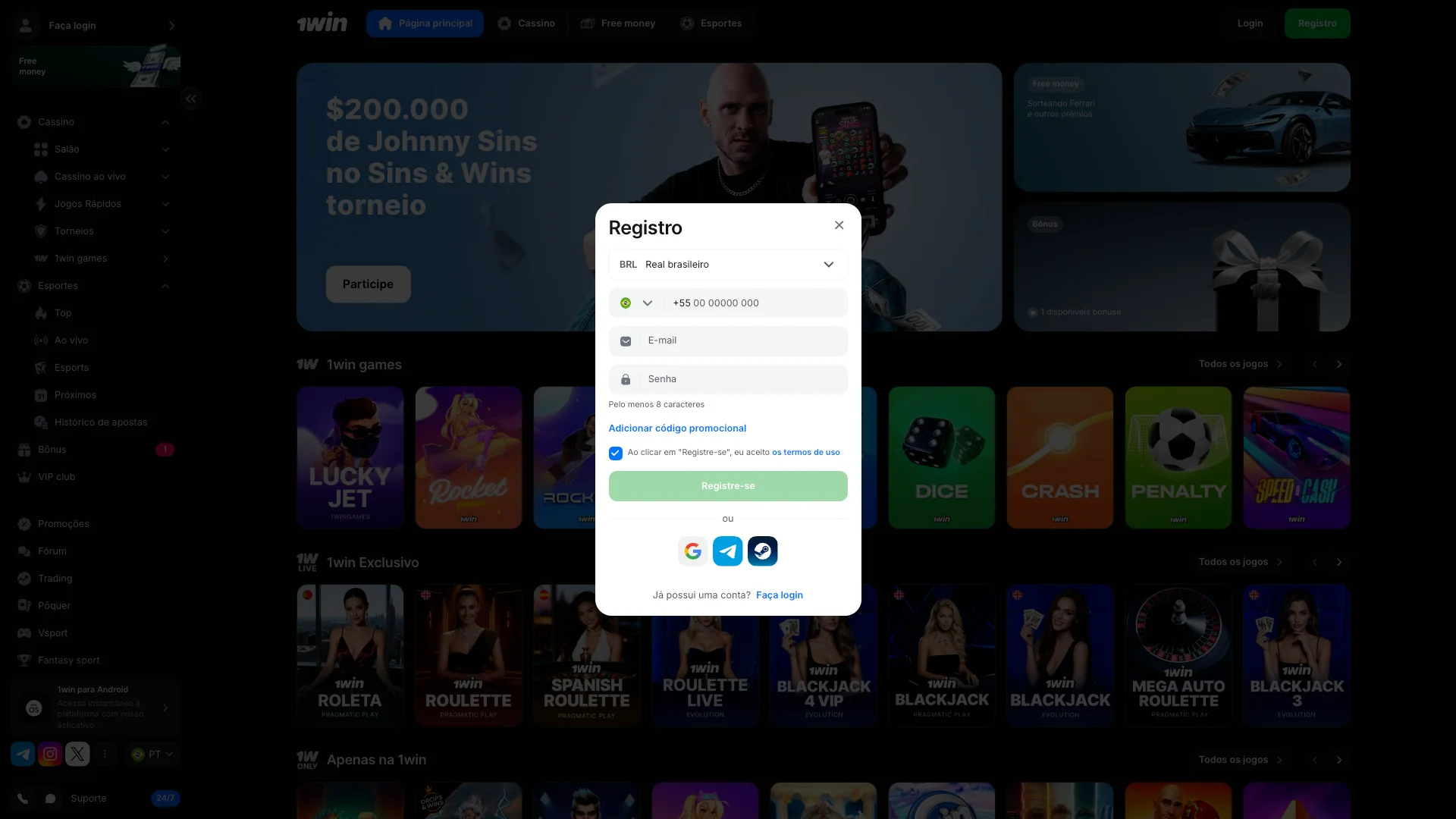 Formulário de registro no site 1win.