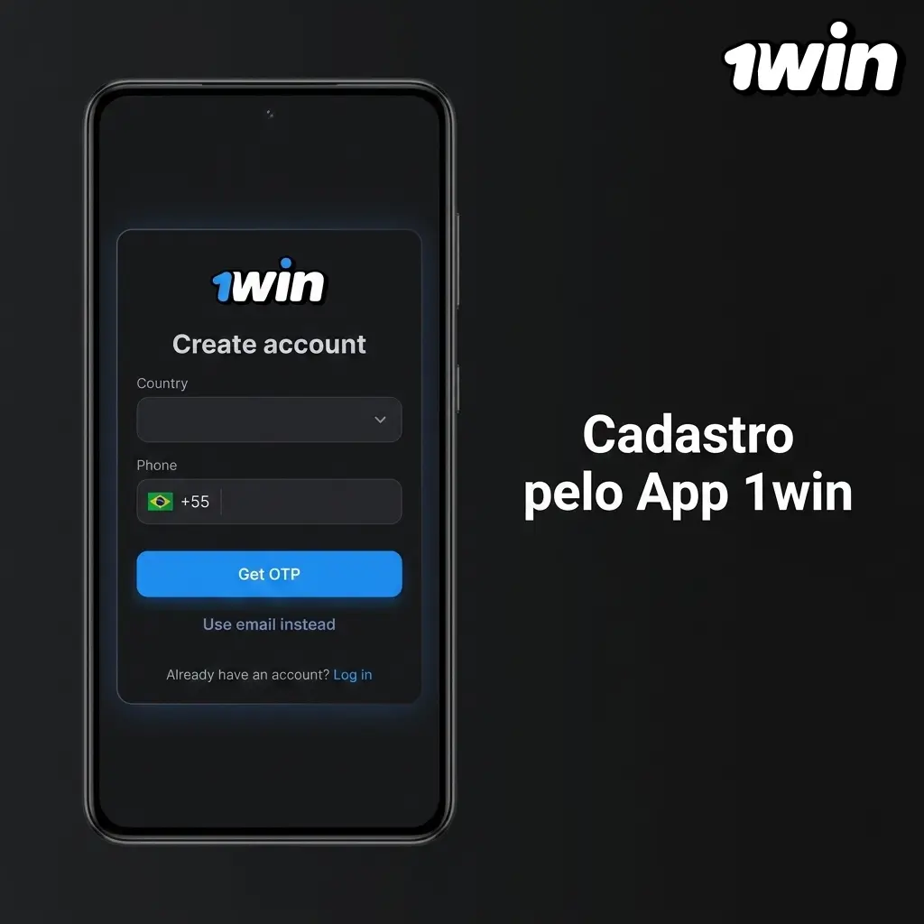 Tela de cadastro no app 1win com campos de registro por telefone, e-mail ou redes sociais em português